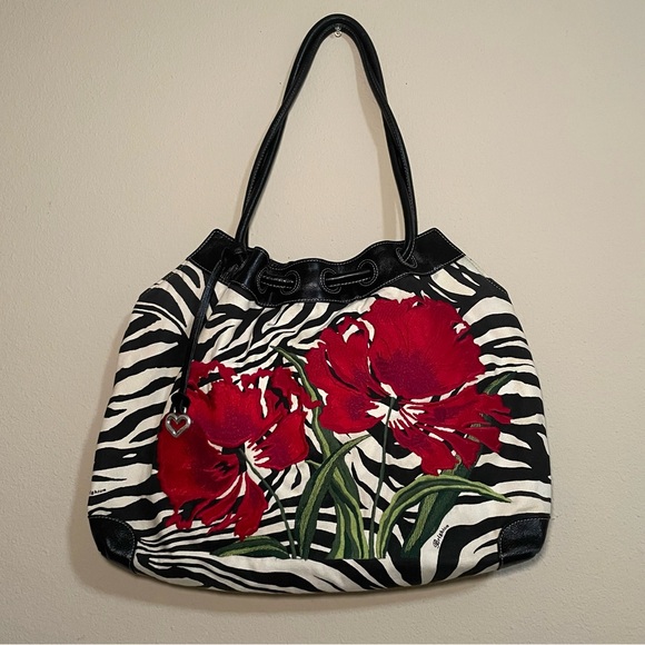 Brighton Handbags - Brighton Zebra Print Canvas Embroidery Floral Shoulder Bag Black Leather Trim